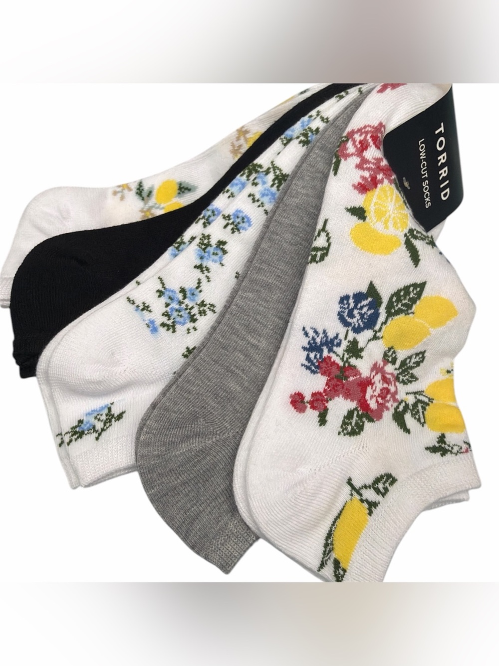 Torrid 5-Pack Low-Cut Socks Floral & Solid Socks - White, Gray, Black, Yellow